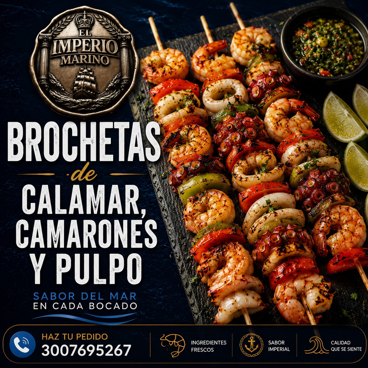 Brochetas de calamar, camarones y pulpo