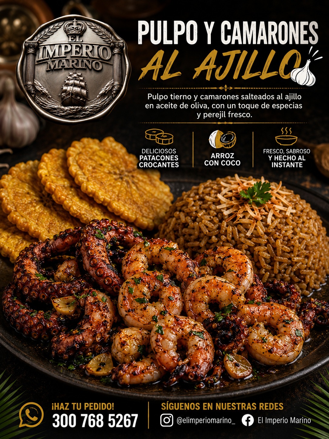 Pulpo y camarones al ajillo