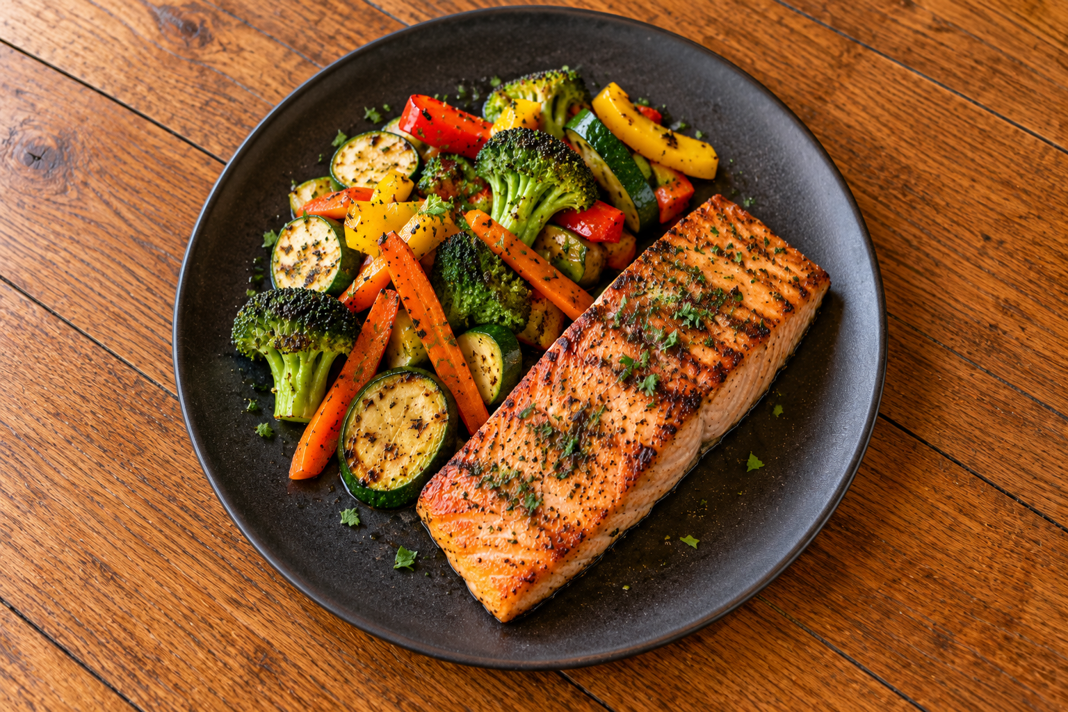 Salmón con vegetales salteados