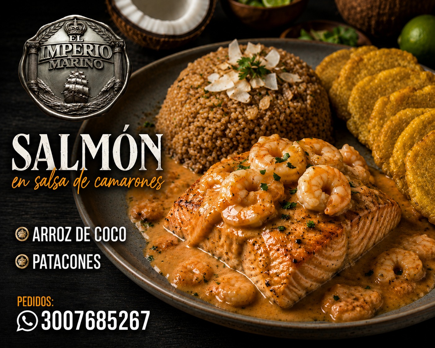 Salmón en salsa de camarones con arroz de coco